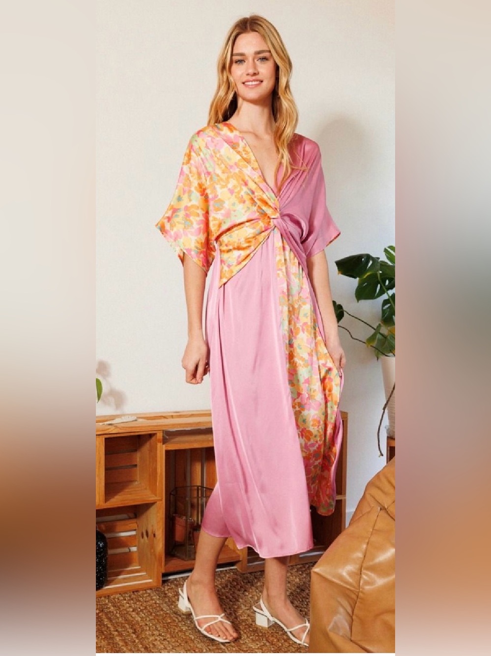 Oddi Pink Floral Twist-Front Silky Maxi Dress — NWT